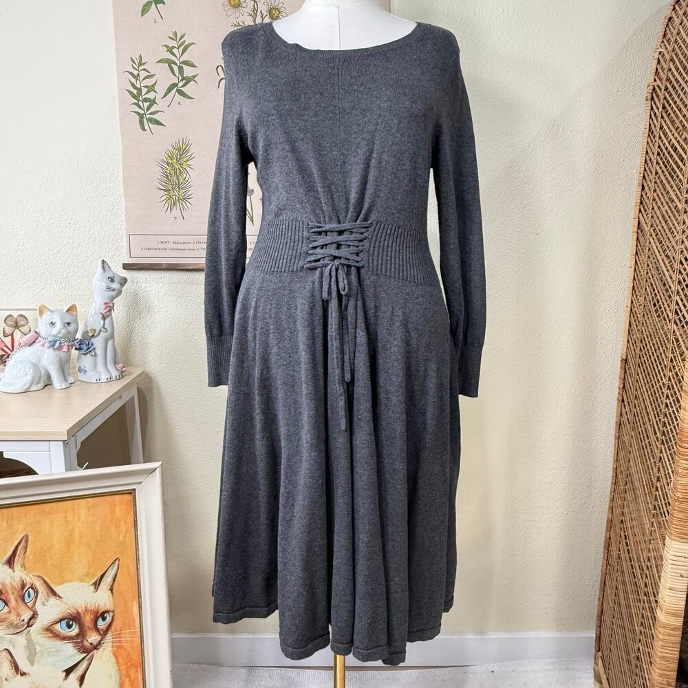 Gray Corset Lace Up Front Knit Dress Forest Gloomy Coquette Mori Kei Grunge M L